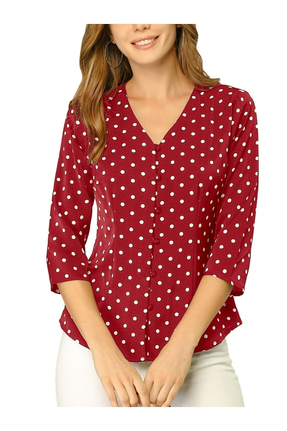 Women's Blouse V Neck 3/4 Sleeves Dots Heart Print Button Front Top M Red