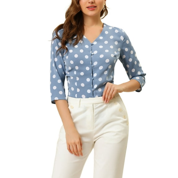 Allegra K Women's Polka Dots 3/4 Sleeve Casual Button Front Blouse Top