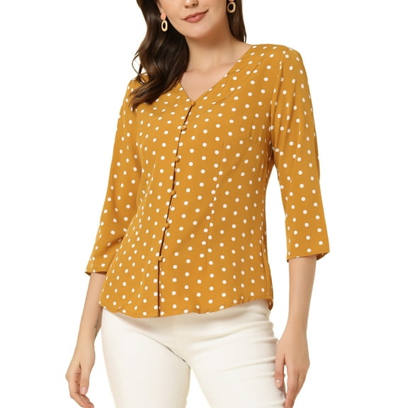 INSPIRE CHIC Valentine's Day Women's Blouse V Neck 3/4 Sleeves Polka Dots Button Front Top M Yellow