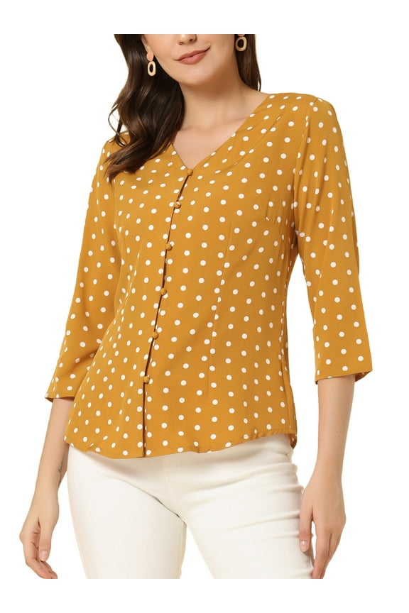 Women's Blouse V Neck 3/4 Sleeves Dots Heart Print Button Front Top M Yellow