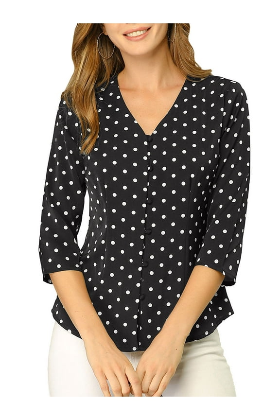Valentine's Day Women's Blouse V Neck 3/4 Sleeves Polka Dots Button Front Top M Black