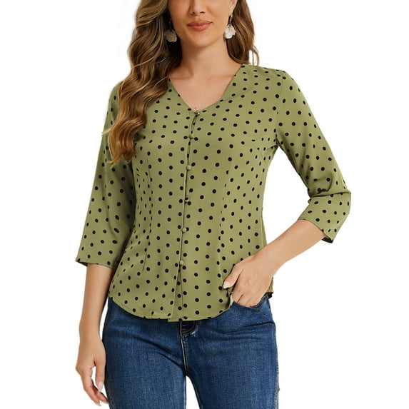 INSPIRE CHIC Valentine's Day Women's Blouse V Neck 3/4 Sleeves Polka Dots Button Front Top XS Army Green