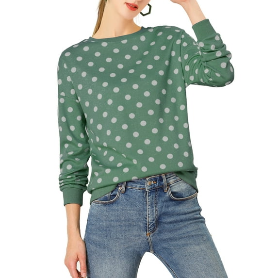 INSPIRE CHIC Women's Polka Dots Crew Neck Drop Shoulder Long Sleeves Knit Sweatshirt L Green