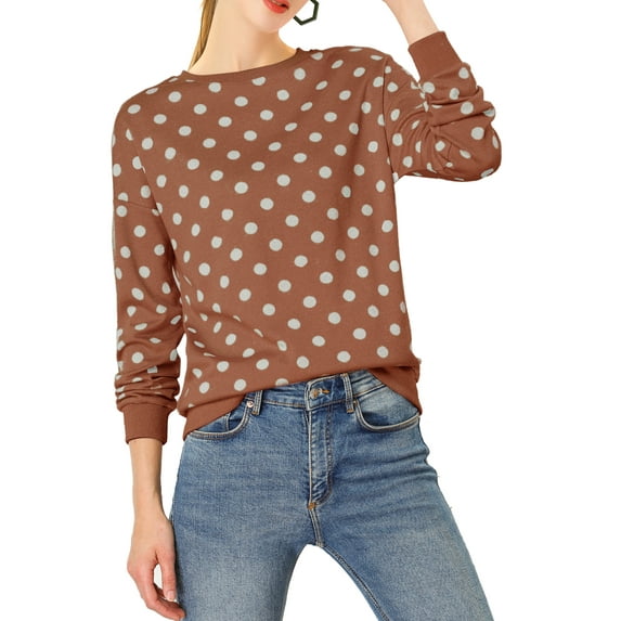 INSPIRE CHIC Women's Polka Dots Crew Neck Drop Shoulder Long Sleeves Knit Sweatshirt XL Brick Red