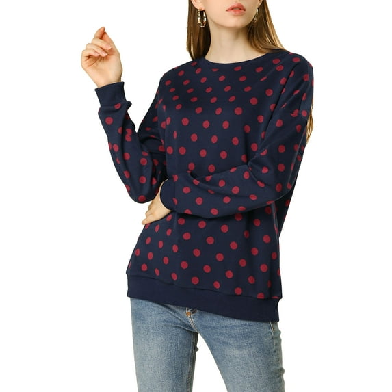 INSPIRE CHIC Women's Polka Dots Crew Neck Drop Shoulder Long Sleeves Knit Sweatshirt XS Dark Blue