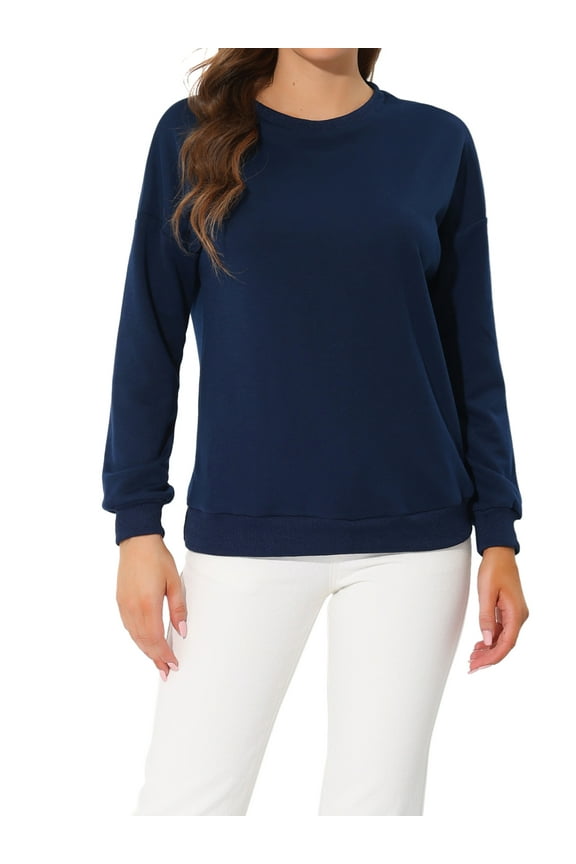 Women's Polka Dots Crew Neck Drop Shoulder Long Sleeves Knit Sweatshirt XS Navy Blue