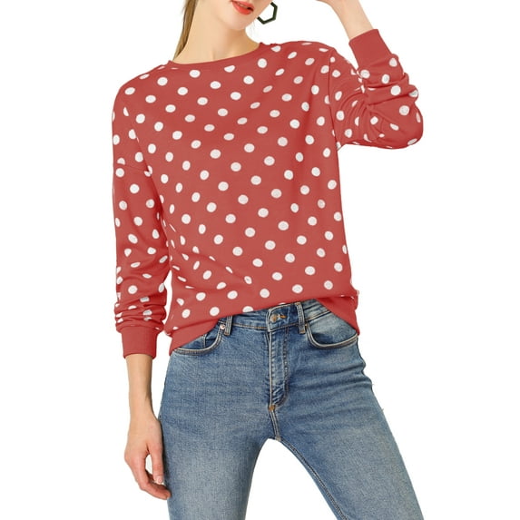 INSPIRE CHIC Women's Polka Dots Crew Neck Drop Shoulder Long Sleeves Knit Sweatshirt XS Red