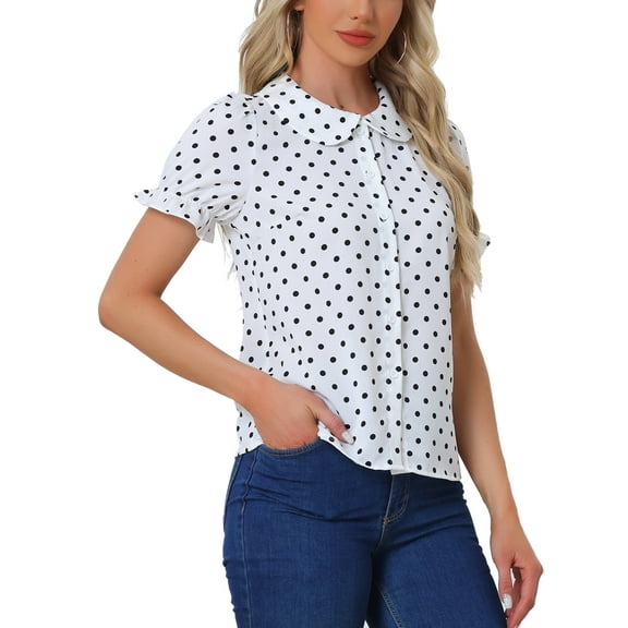 INSPIRE CHIC Valentine's Day Women's Polka Dots Shirt Short Puff Sleeve Vintage Button Up Peter Pan Collar Blouse Tops S White