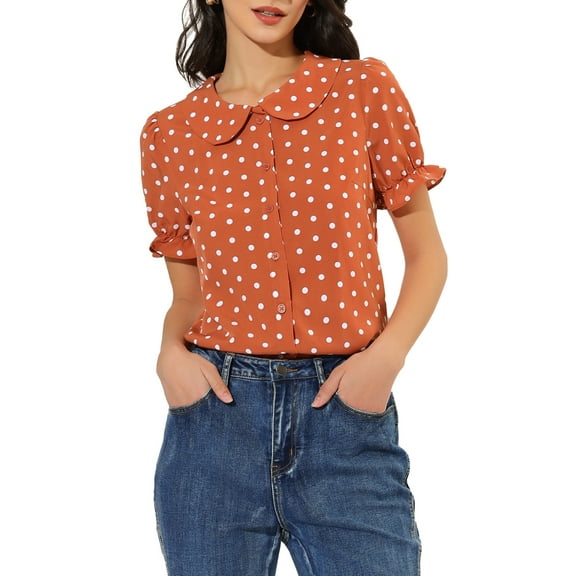 INSPIRE CHIC Valentine's Day Women's Polka Dots Shirt Short Puff Sleeve Vintage Button Up Peter Pan Collar Blouse Tops XL Orange Red