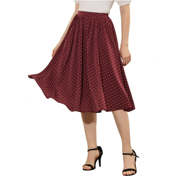INSPIRE CHIC Women's Polka Dots Elastic Waist Flowy A-Line Midi Pleated Skirt