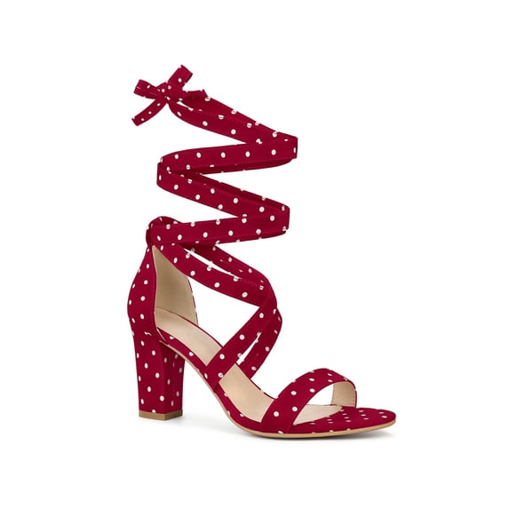 BLISSFUL STEP Women's Polka Dots Lace up Block Heels Sandals