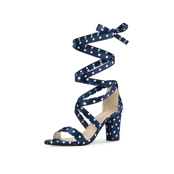 BLISSFUL STEP Women's Polka Dots Lace up Block Heels Sandals