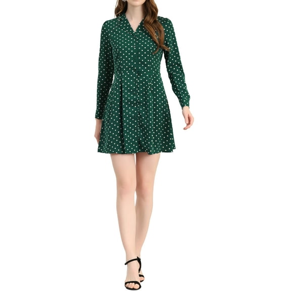 INSPIRE CHIC Women's Polka Dots Notched Lapel V Neck Button Up Shirt Dress M Green