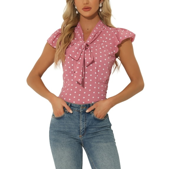 INSPIRE CHIC Women's Blouse Polka Dots Tie Neck Ruffled Cap Sleeve Wear-to-Work Top XL Pink