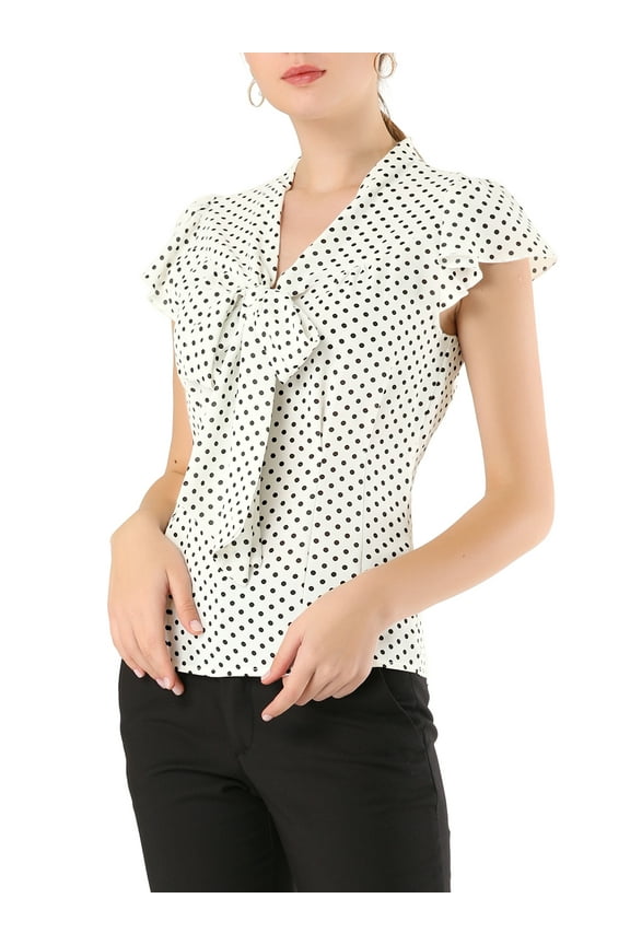 Women's Blouse Polka Dots Tie Neck Ruffled Cap Sleeve Wear-to-Work Top XS White