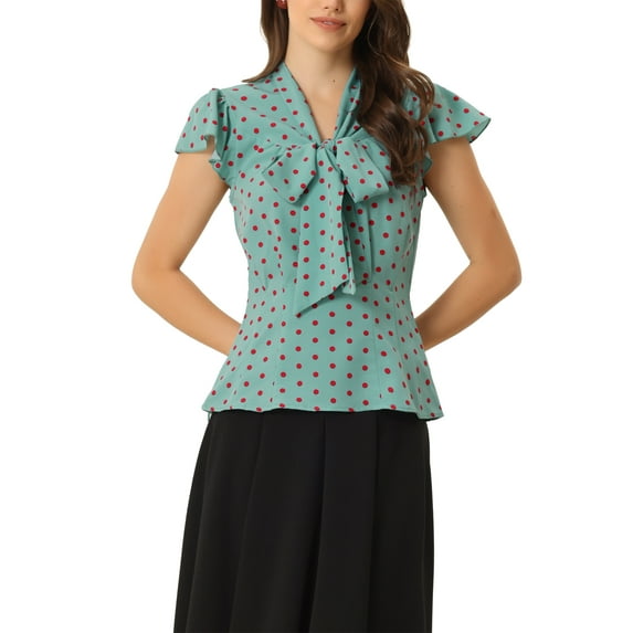 INSPIRE CHIC Women's Blouse Polka Dots Tie Neck Ruffled Cap Sleeve Wear-to-Work Top XS Light Green