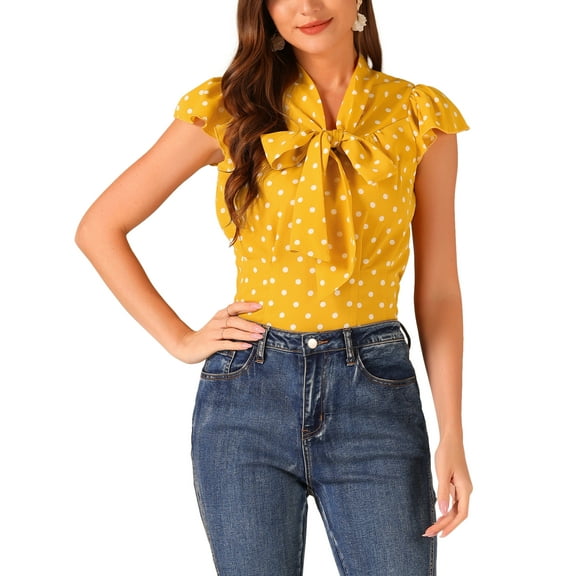 INSPIRE CHIC Women's Blouse Polka Dots Tie Neck Ruffled Cap Sleeve Wear-to-Work Top XS Yellow