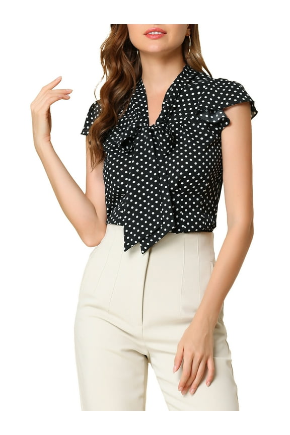 Women's Blouse Polka Dots Tie Neck Ruffled Cap Sleeve Wear-to-Work Top L Black
