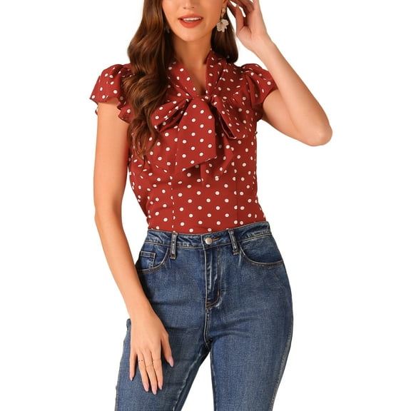 INSPIRE CHIC Women's Blouse Polka Dots Tie Neck Ruffled Cap Sleeve Wear-to-Work Top XS Red