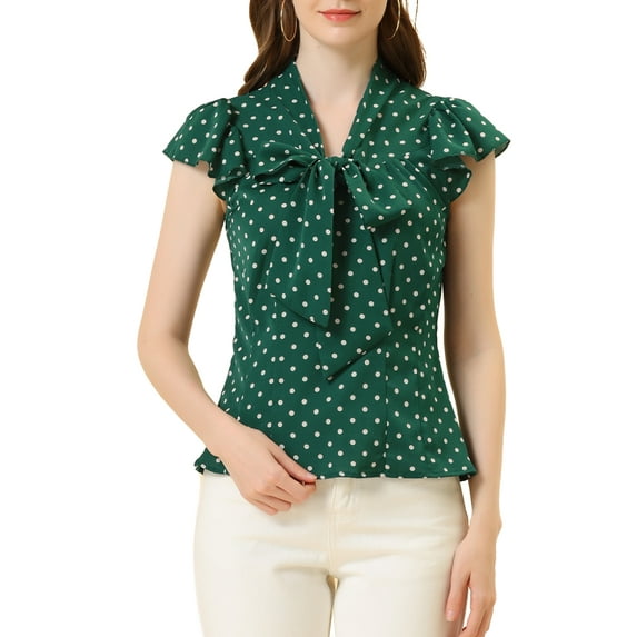 INSPIRE CHIC Women's Polka Dots Office Shirt Ruffled Sleeve Tie Neck Blouse