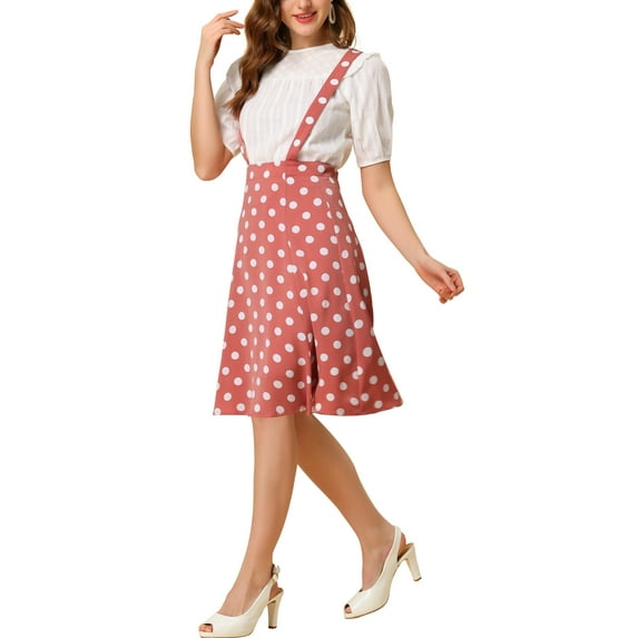 INSPIRE CHIC Women's Polka Dots Overall Flared Adjustable Straps Suspender Skirts M Pink