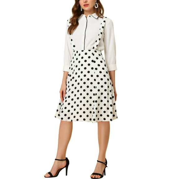 INSPIRE CHIC Women's Polka Dots Overall Flared Adjustable Straps Suspender Skirts M White