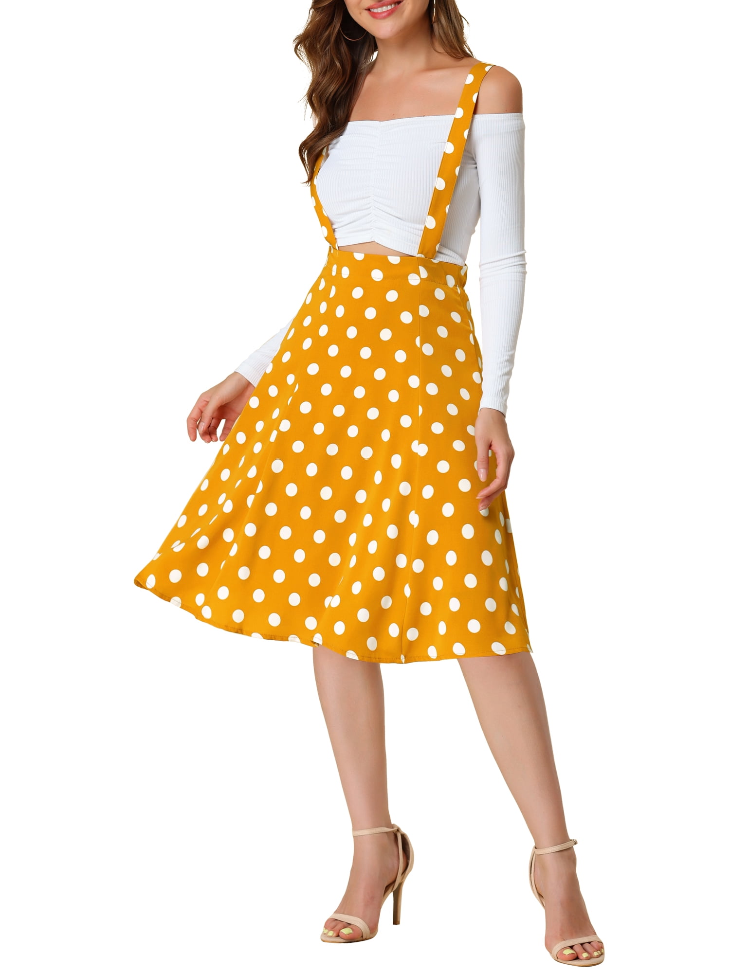 Allegra K Women's Polka Dot Suspender Midi Dress - 1950s Vintage Style Overalls, Flowy Skirt