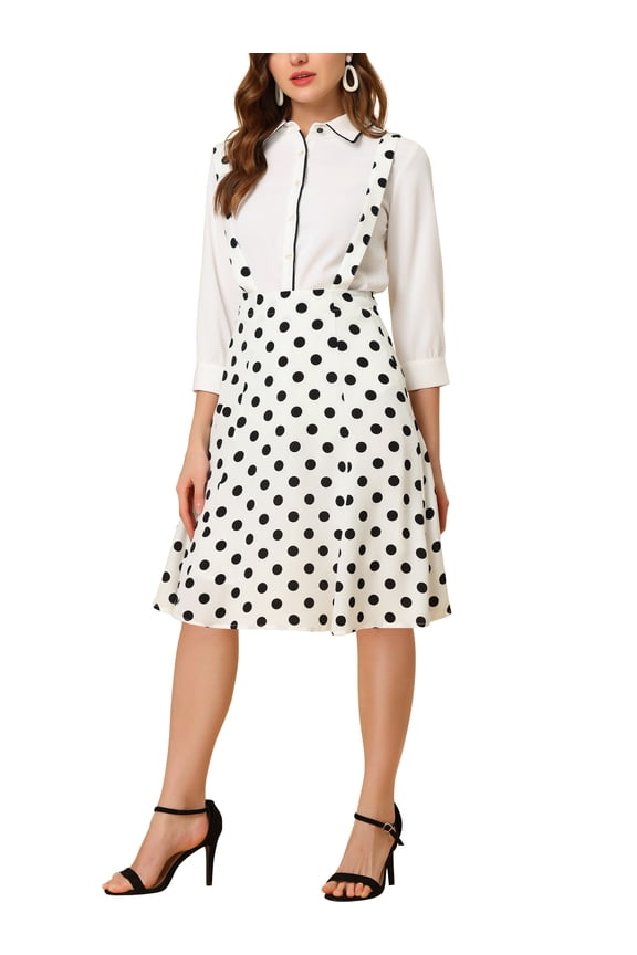Women's Polka Dots Overall Flared Adjustable Straps Suspender Skirts S White