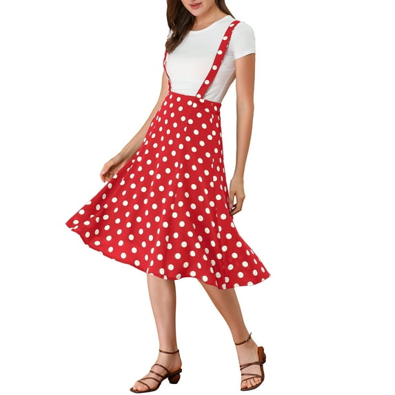 Allegra K Women's Polka Dots Overall Flared Adjustable Straps Suspender Skirts