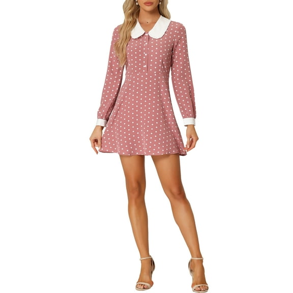 INSPIRE CHIC Women's Polka Dots Peter Pan Collar Contrast Long Sleeve Shirt Dress XL Pink