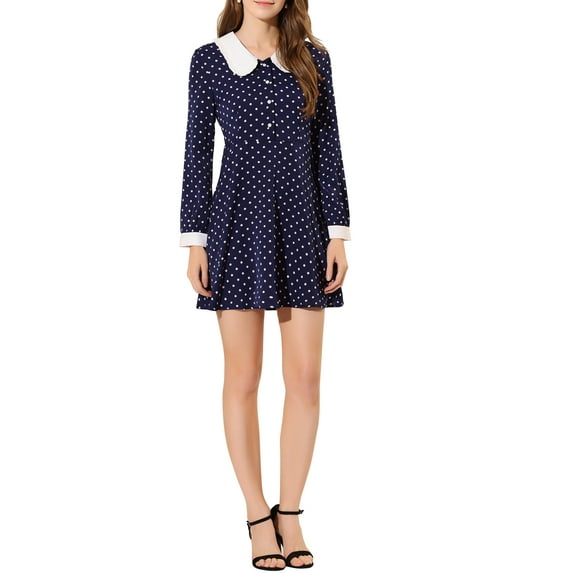 INSPIRE CHIC Women's Polka Dots Peter Pan Collar Contrast Long Sleeve Shirt Dress Navy Blue S