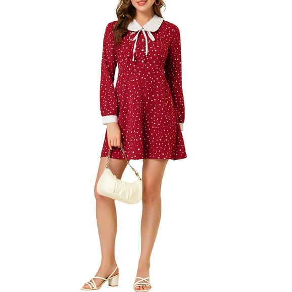 INSPIRE CHIC Women's Polka Dots Peter Pan Collar Contrast Long Sleeve Shirt Dress M Burgundy