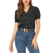 INSPIRE CHIC Women's Vintage Blouse Polka Dots Peter Pan Collar Puff Short Sleeves Shirt Top Black XS