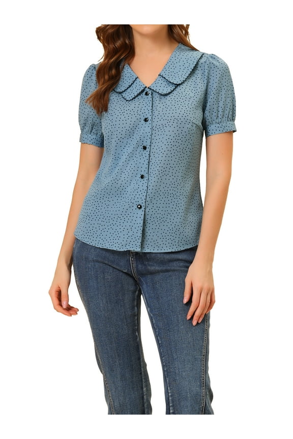 Women's Vintage Blouse Polka Dots Peter Pan Collar Puff Short Sleeves Shirt Top L Blue