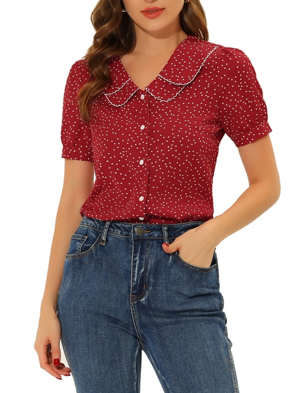 Women's Vintage Blouse Polka Dots Peter Pan Collar Puff Short Sleeves Shirt Top Red XS