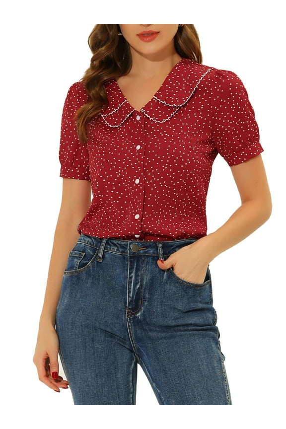 Women's Vintage Blouse Polka Dots Peter Pan Collar Puff Short Sleeves Shirt Top L Red