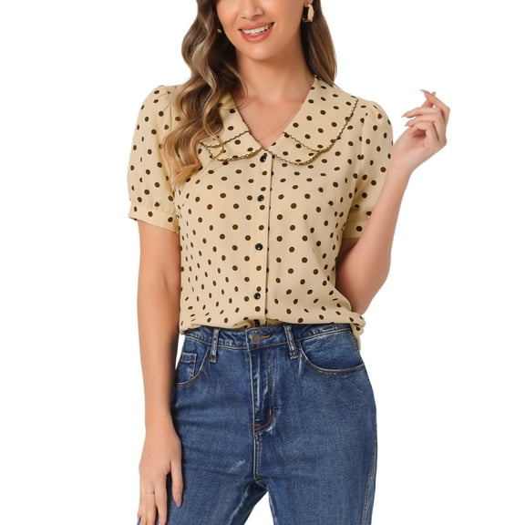 INSPIRE CHIC Valentine's Day Women's Vintage Blouse Polka Dots Peter Pan Collar Puff Short Sleeves Shirt Top XS Light Brown