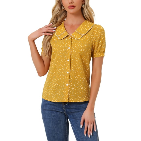 INSPIRE CHIC Valentine's Day Women's Vintage Blouse Polka Dots Peter Pan Collar Puff Short Sleeves Shirt Top M Mustard