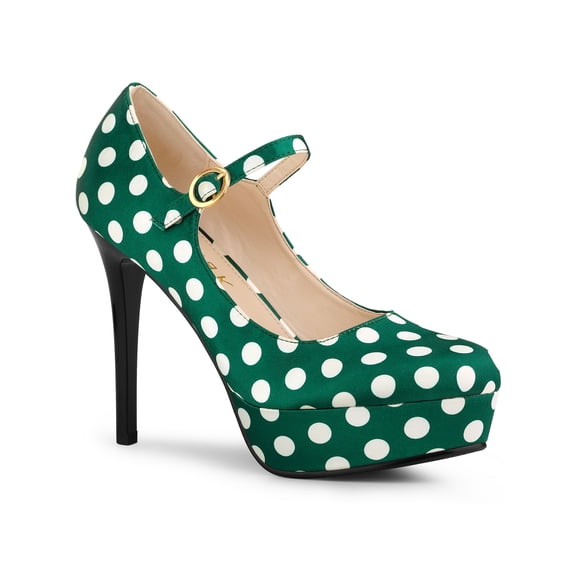 BLISSFUL STEP Women's Shoe Polka Dots Mary Janes Stiletto Heels Platform Ankle Strap Close Toe  Pumps Dark Green 6