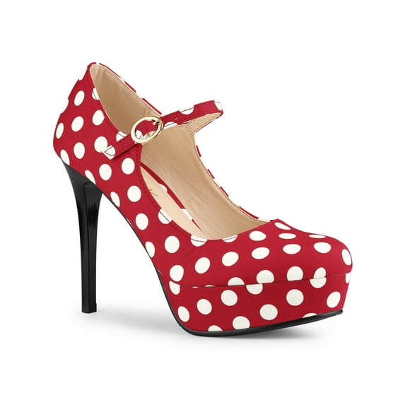 BLISSFUL STEP Women's Shoe Polka Dots Mary Janes Stiletto Heels Platform Ankle Strap Close Toe Pumps Red 8.5