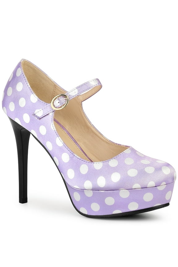 Women's Shoe Polka Dots Mary Janes Stiletto Heels Platform Ankle Strap Close Toe Pumps Purple 7.5
