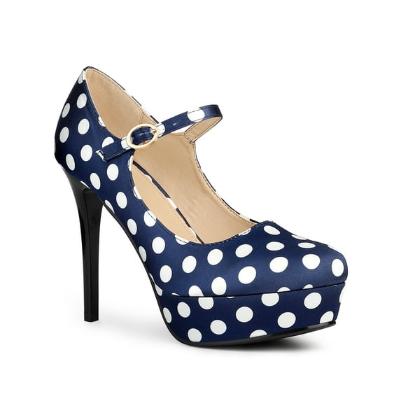 BLISSFUL STEP Women's Shoe Polka Dots Mary Janes Stiletto Heels Platform Ankle Strap Close Toe Pumps Dark Blue 7.5