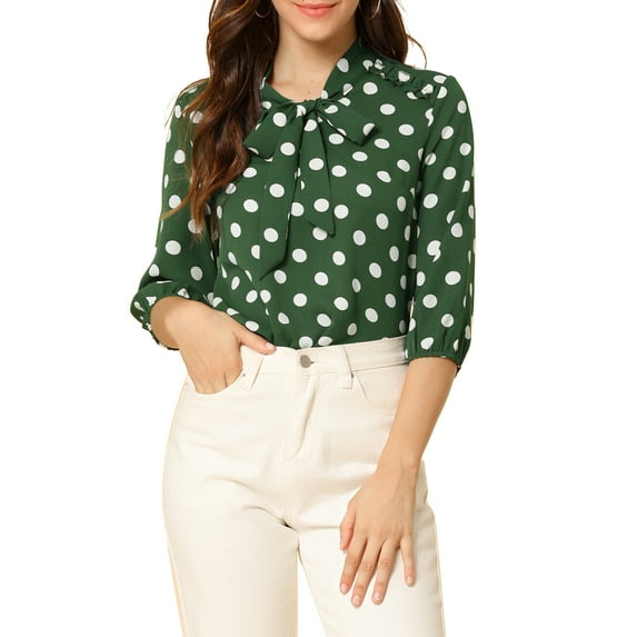 Allegra K Women's Polka Dots Ruffle Shoulder Elastic Cuff Bow Tie Neck Blouse