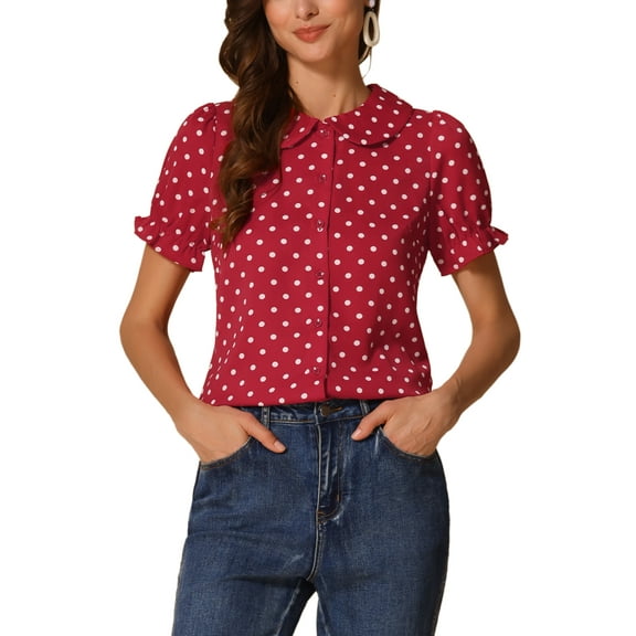 INSPIRE CHIC Valentine's Day Women's Polka Dots Shirt Short Puff Sleeve Vintage Button Up Peter Pan Collar Blouse Tops L Burgundy