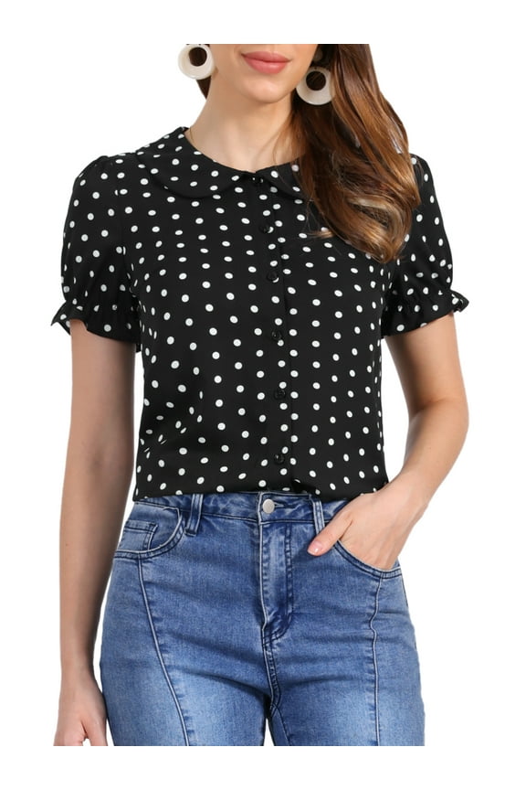 Valentine's Day Women's Polka Dots Shirt Short Puff Sleeve Vintage Button Up Peter Pan Collar Blouse Tops M Black White