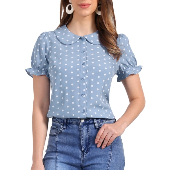 INSPIRE CHIC Valentine's Day Women's Polka Dots Shirt Short Puff Sleeve Vintage Button Up Peter Pan Collar Blouse Tops S Gray Blue