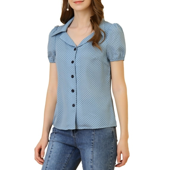 INSPIRE CHIC Women's Polka Dots Short Sleeve Button Up 1950s Vintage Blouse M Blue Gray