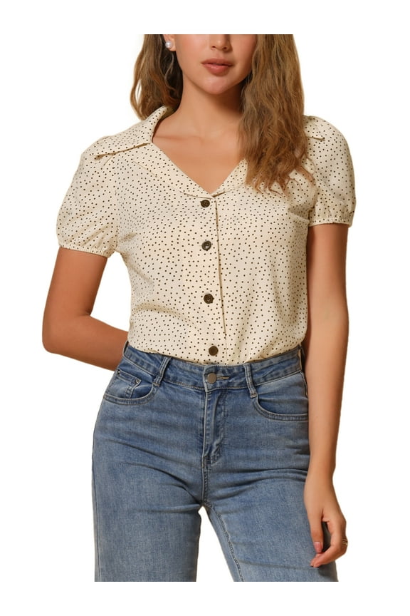 Women's Polka Dots Short Sleeve Button Up 1950s Vintage Blouse XL Beige