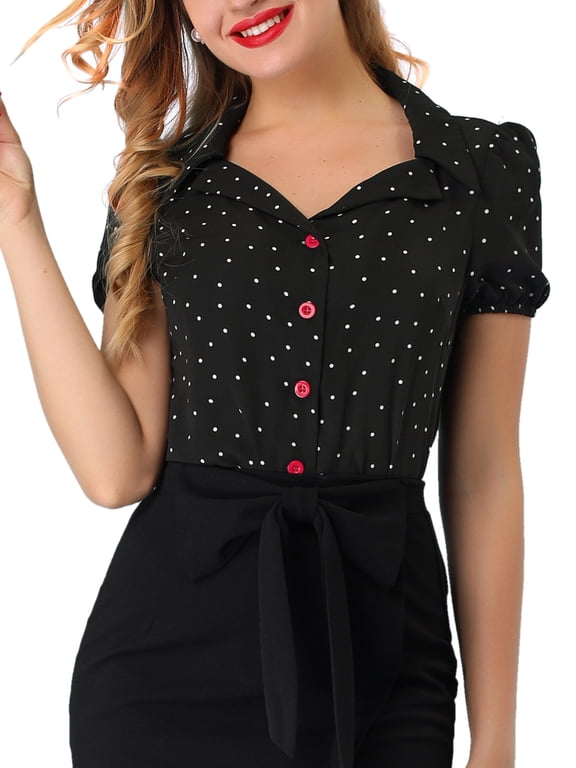 Women's Polka Dots Short Sleeve Button Up Vintage 1950s Blouse XL Black