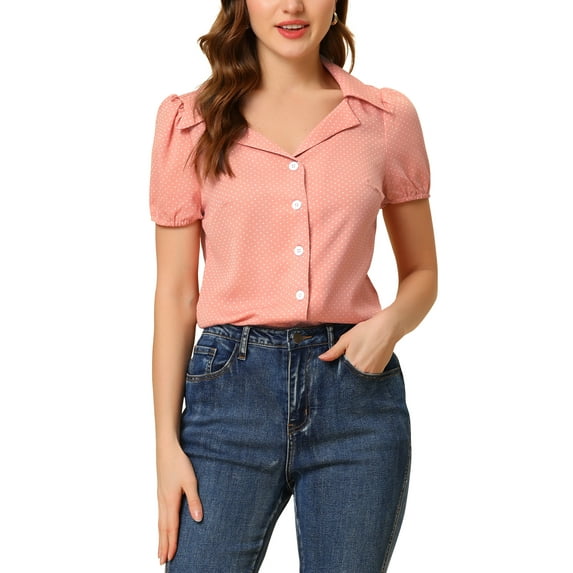 INSPIRE CHIC Women's Polka Dots Short Sleeve Button Up 1950s Vintage Blouse XS Pink